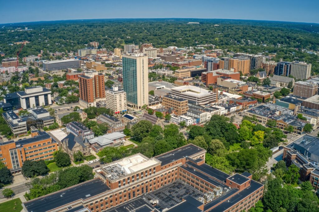 Aerial View of Downtown Ann Arbor, Michigan in Summer