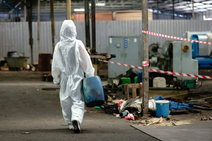 Inspector female worker hazmat suit holding chemistry tank in industrial.