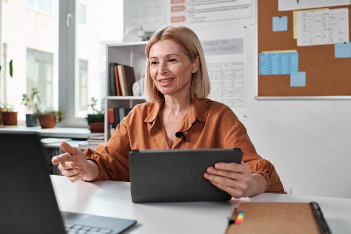 Teacher using laptop to teach online